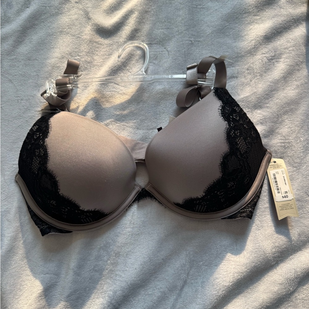 Ambrielle 36D Plunge Bra Full Figure Lace Push-Up NWT Taupe Black